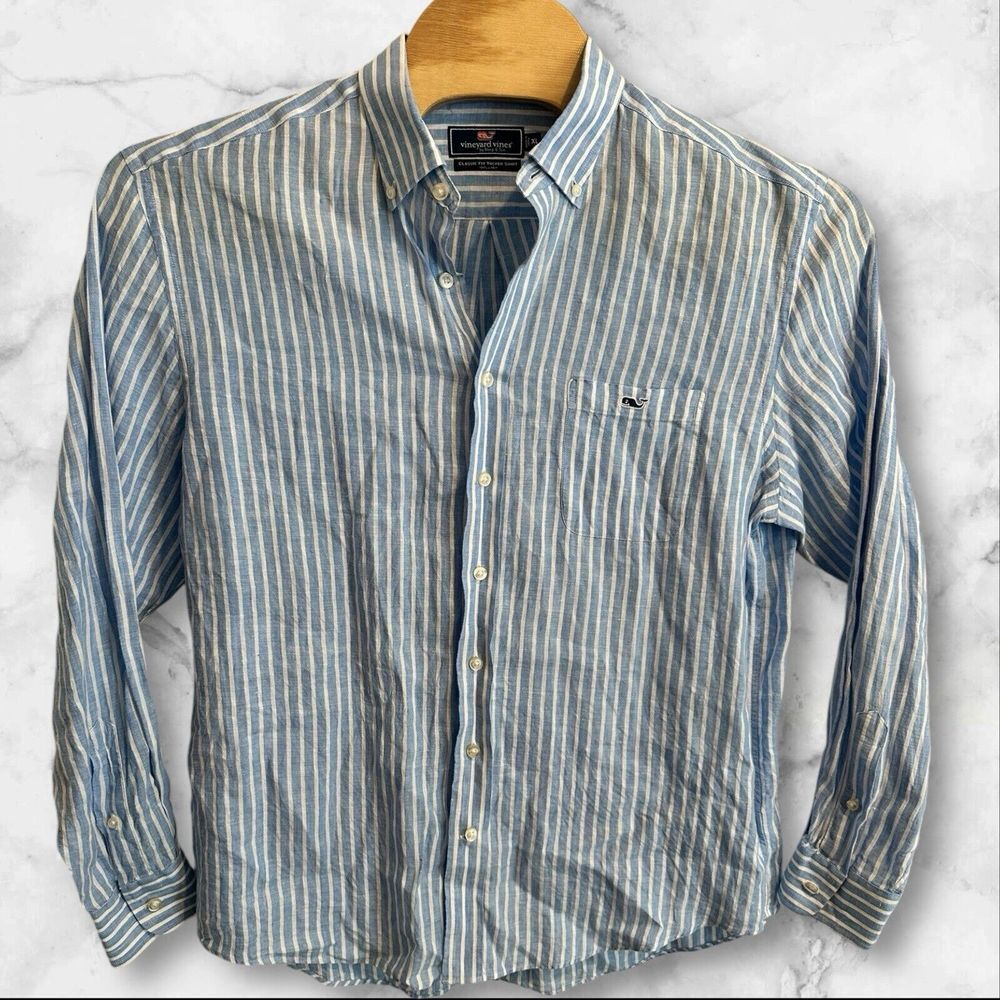 Vineyard Vines Shirt Adult XL  Tucker Blue Striped 100% Linen Button Down Mens‎